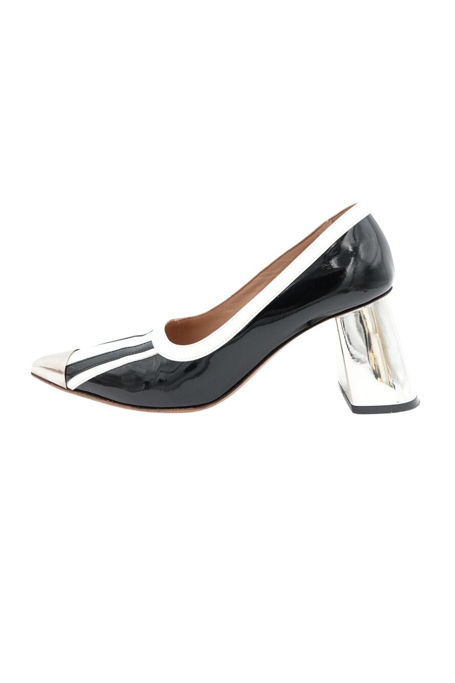 Marni Black and White Stripe Patent Leather Pump, Chrome Block Heel